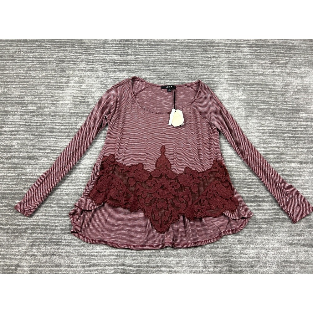 LDLA Top Womens L Burgundy Striped Lace Applique Peplum Back Long Sleeve